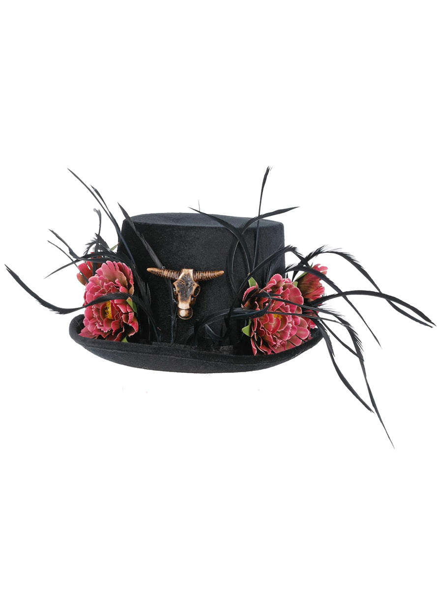 Black Ram Skull and Flower Top Hat for Women - Alternate Image