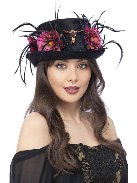 Womens Black Floral Ram Skull Top Hat - Main Image