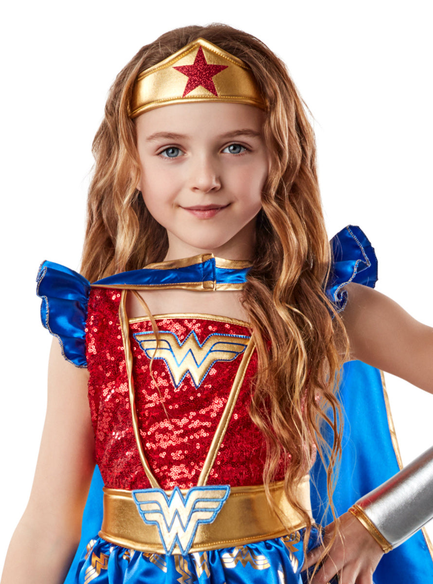 Deluxe Girls Wonder Woman Sequined DC Superhero Costume - Close Image