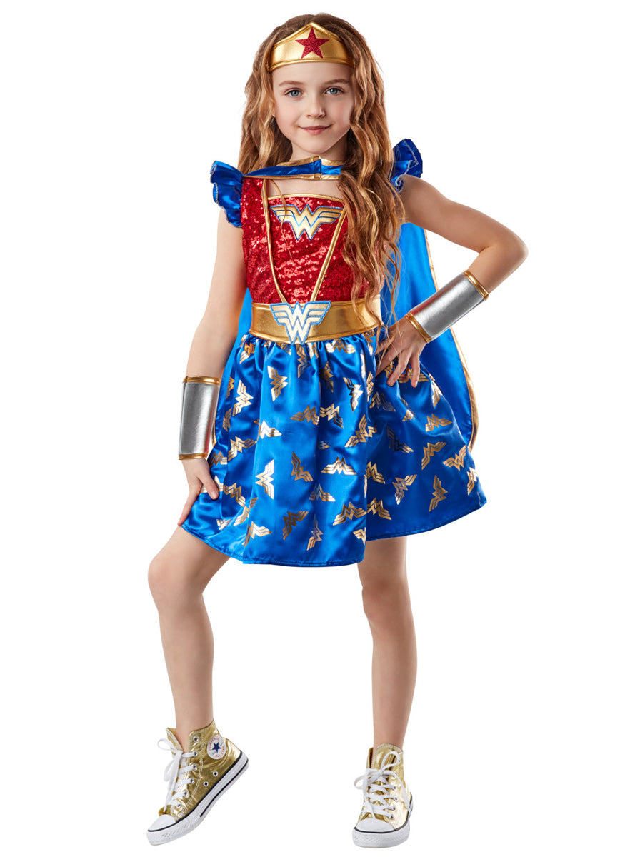 Deluxe Girls Wonder Woman Sequined DC Superhero Costume - Main Image
