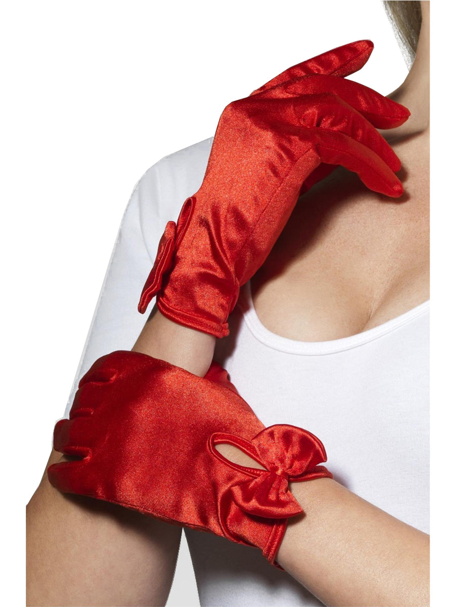 Satin Wrist Length Red Gloves with Bows - Main Image
