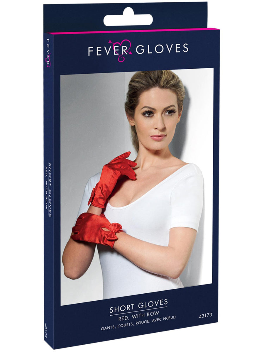 Red Satin Wrist Length Gloves with Bows - Packaging Image