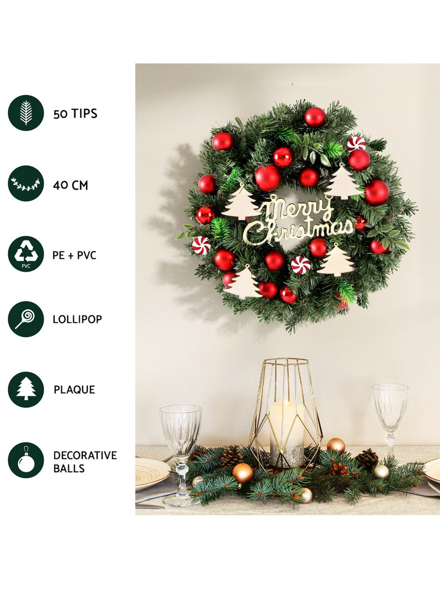 Jingle Jollys Merry Christmas Wreath with Baubles 40cm - Info Image