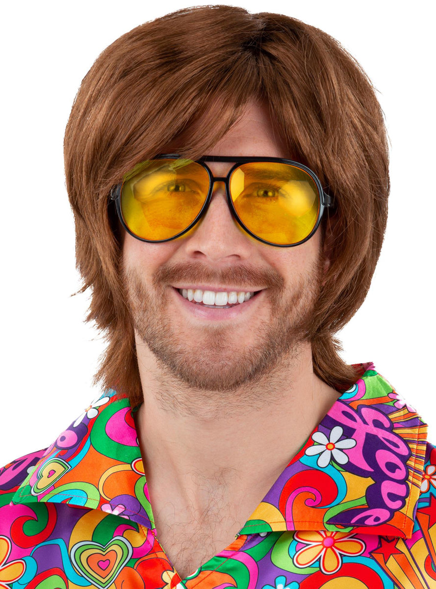 Mens Yellow Lens Aviator 70s Style Costume Glasses