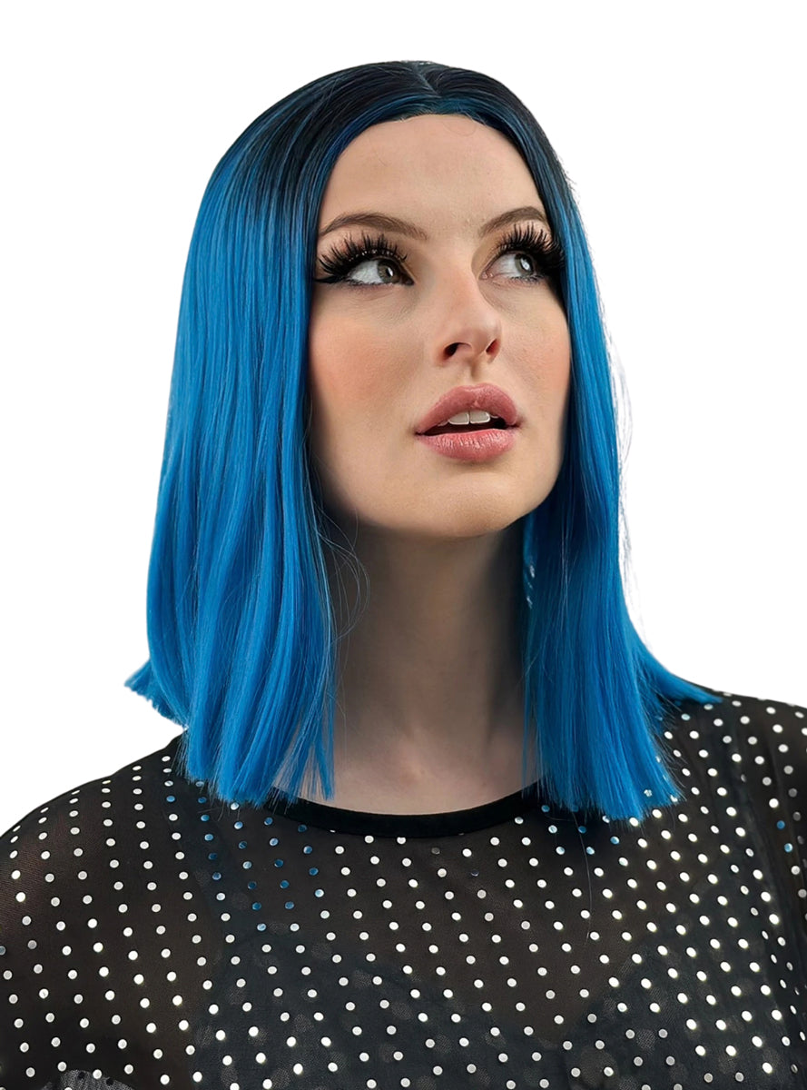 Zoe Blue Long Bob Wig with Dark Roots