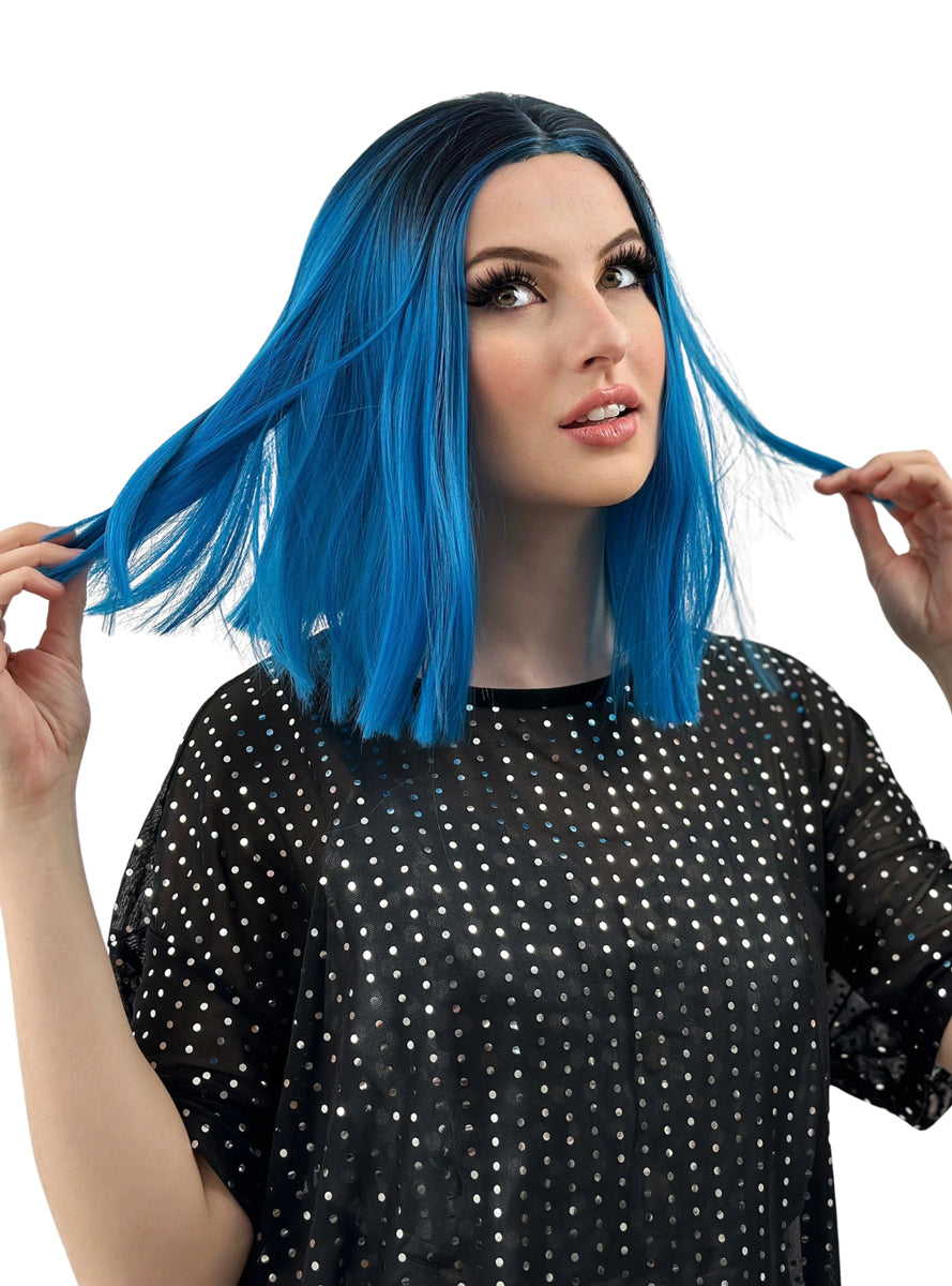Zoe Blue Long Bob Wig with Dark Roots