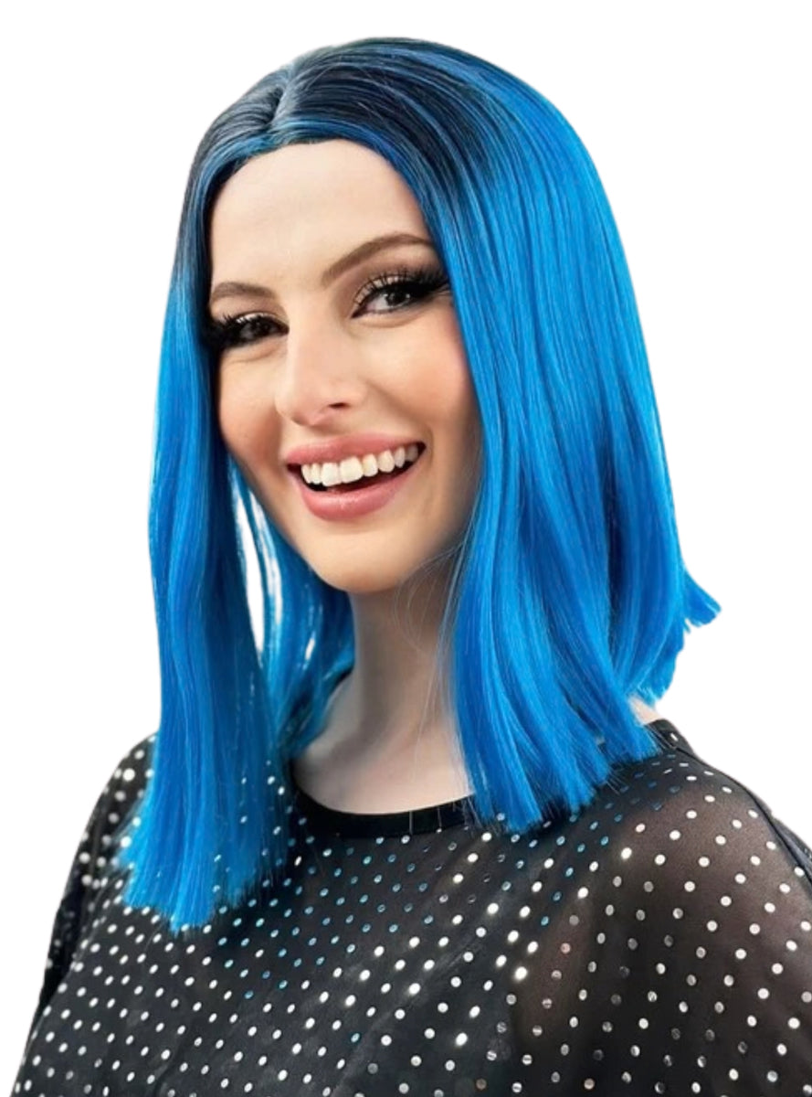 Zoe Blue Long Bob Wig with Dark Roots