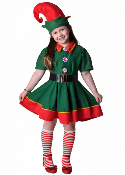 Festive Green Christmas Elf Girl's Dress Up Costume - Main Image