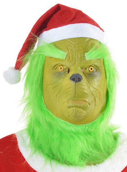 Image of Full Head Green Latex Christmas Mask with Santa Hat
