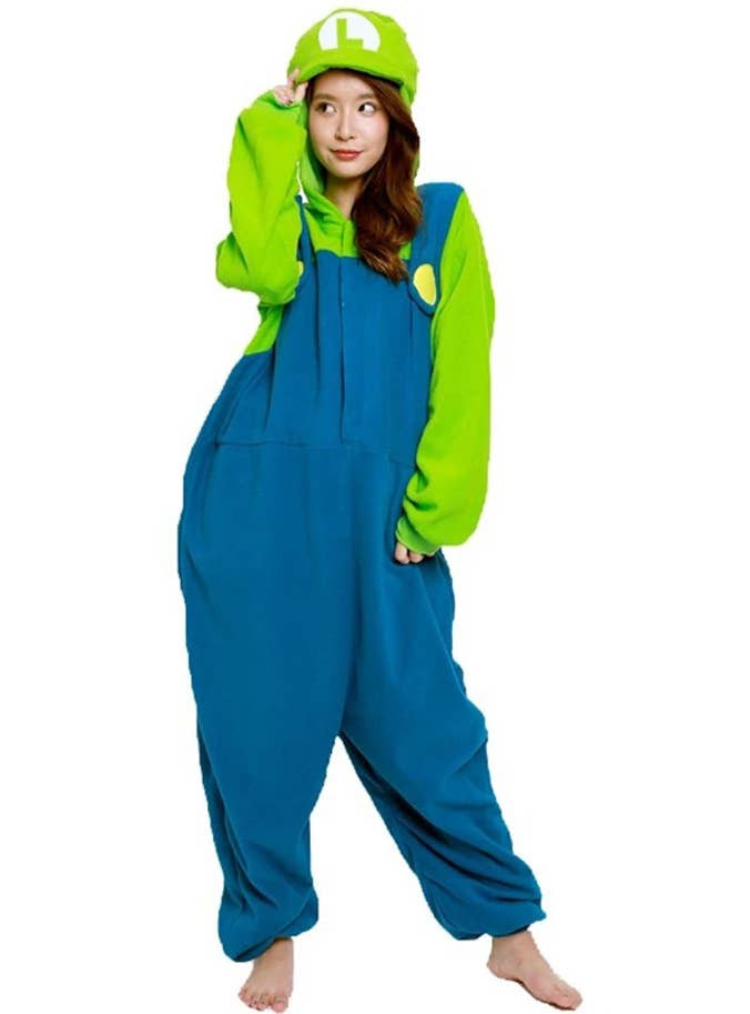 Adult Wearing a Luigi Onesie Costume with Long Sleeves and Hood