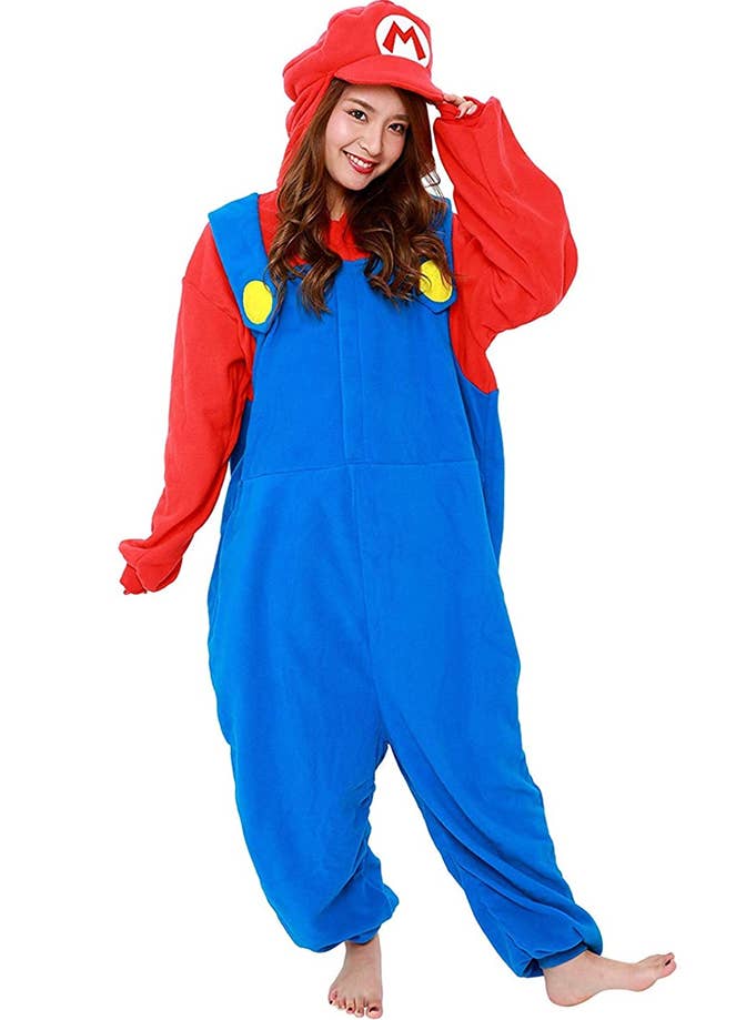 Adult Wearing a Mario Onesie Costume with Long Sleeves and Hood