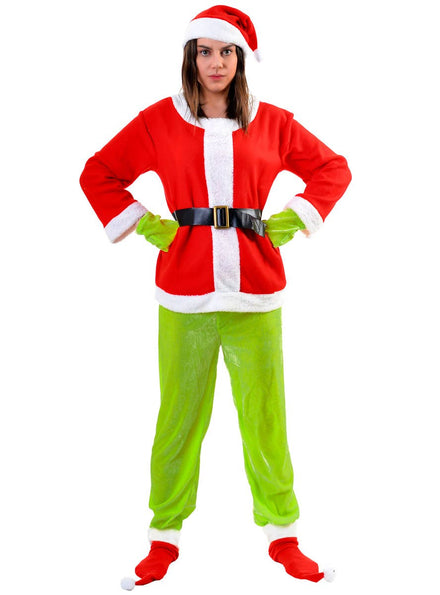 Image of Adult's Green and Red Santa Christmas Costume - Alternate Image 1