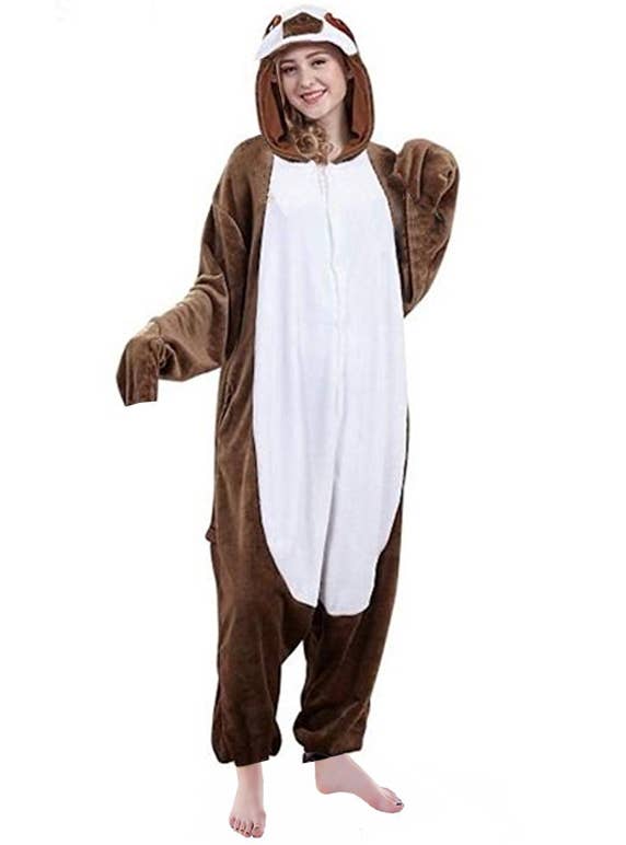 Adult Wearing a Sloth Onesie Costume with Long Sleeves and Hood