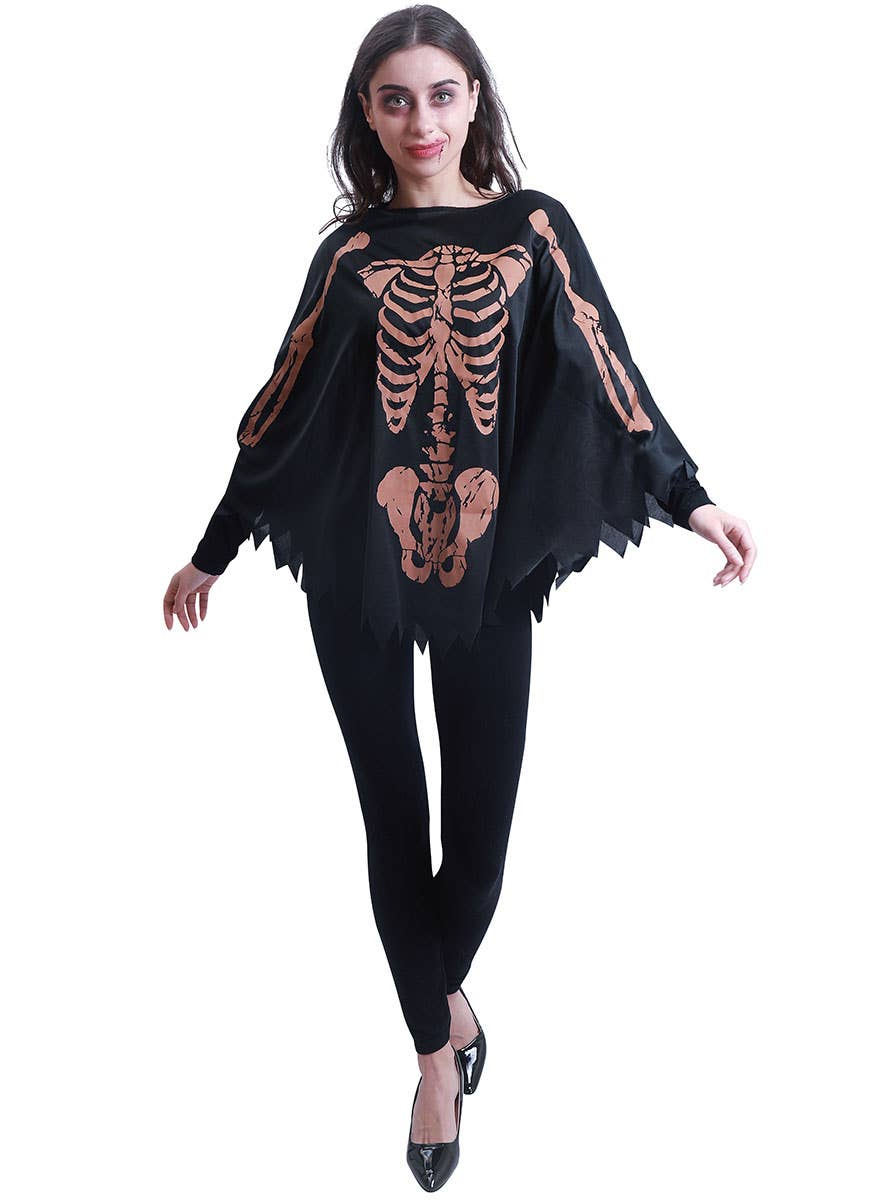 Image of Aged Skeleton Print Women's Halloween Costume Poncho - Main Image