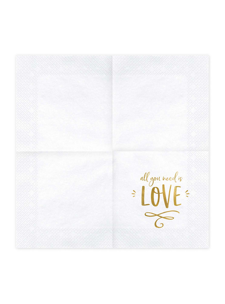 All You Need Is Love 20 Pack White And Gold Lunch Napkins — Unfolded Image