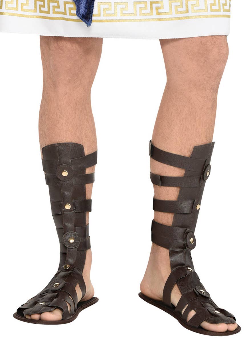 Brown Leather Look Gladiator Costume Sandals for Men - Close Image
