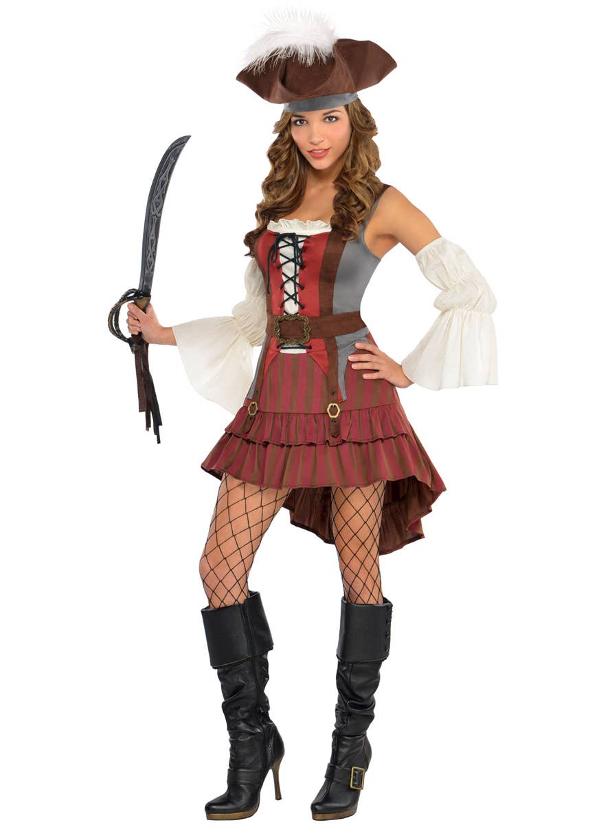 Womens Red and White Pirate Fancy Dress Costume - Main Image