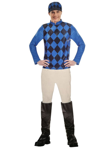 Man Wearing a Black and Blue Jockey Costume