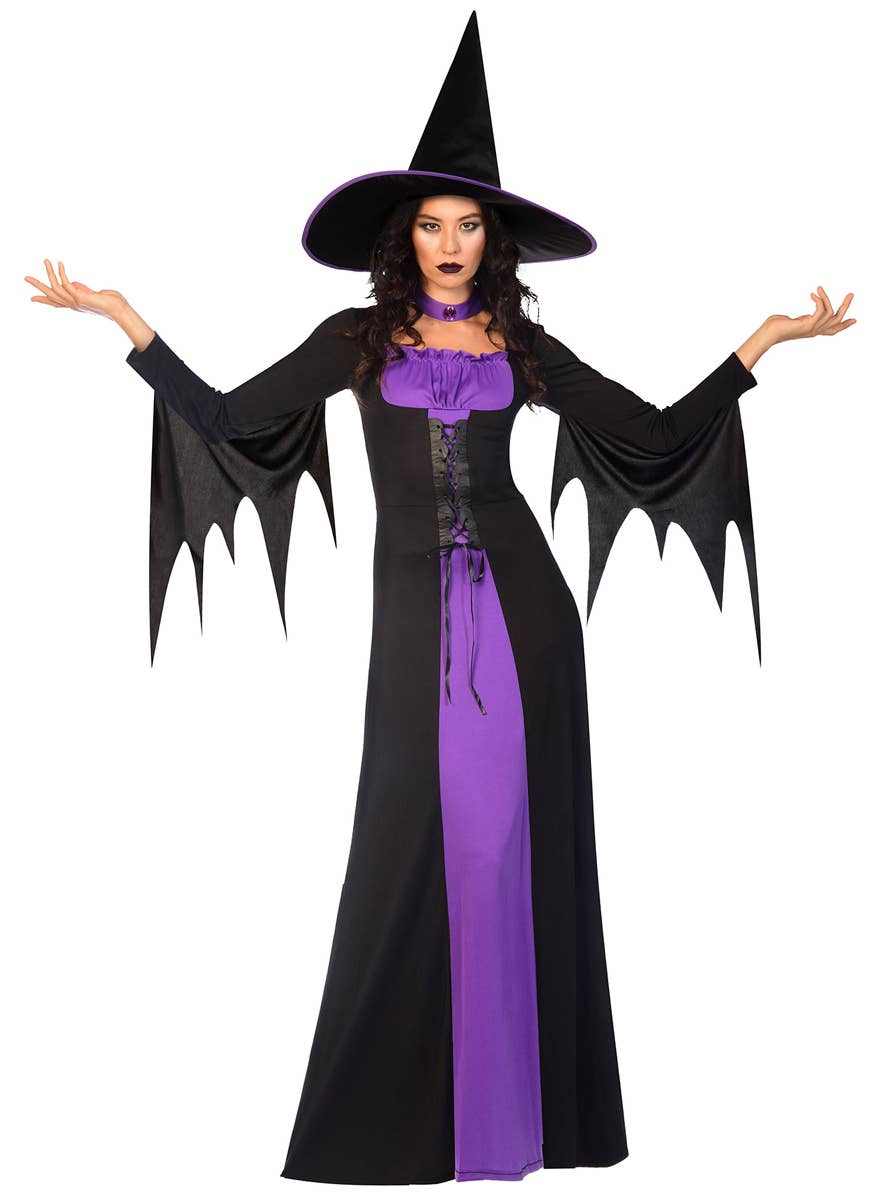 Image of Classic Black and Purple Witch Plus Size Women's Halloween Costume - Main Image