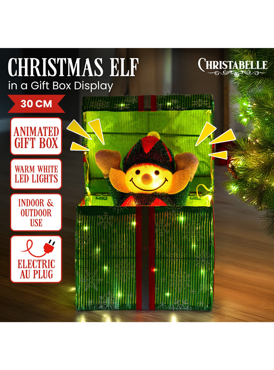 Animated Christabelle Light Up LED Elf in Box Christmas Decoration - Details Image