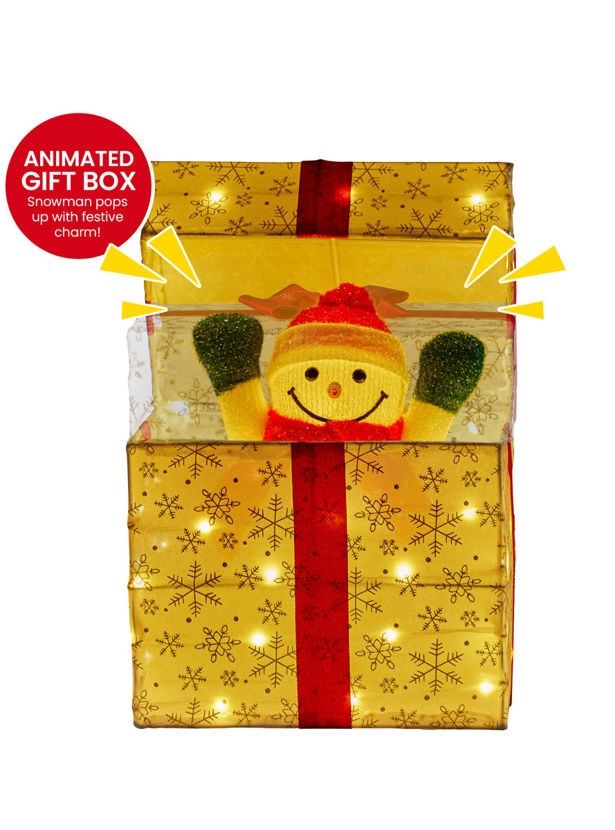 Animated Snowman Gift Box Christabelle Light Up LED Christmas Decoration - Animated Details Image