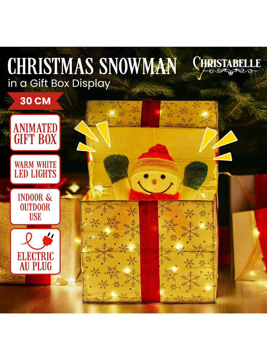 Animated Snowman Gift Box Christabelle Light Up LED Christmas Decoration - Details Image