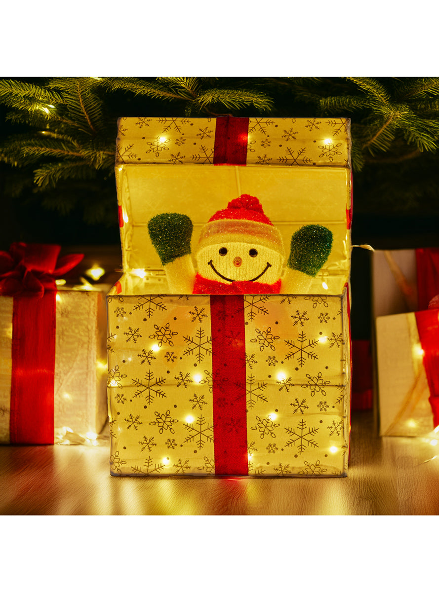 Animated Snowman Gift Box Christabelle Light Up LED Christmas Decoration - Lifestyle Image