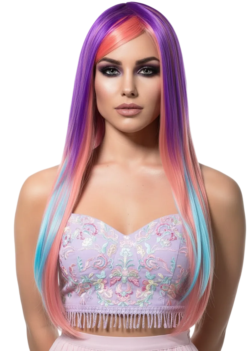 Deluxe Long Purple Pink and Blue Women's Costume Wig - Front View