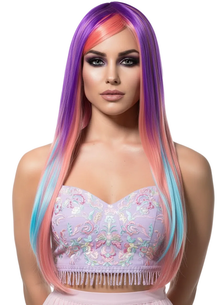 Deluxe Long Purple Pink and Blue Women's Costume Wig - Front View
