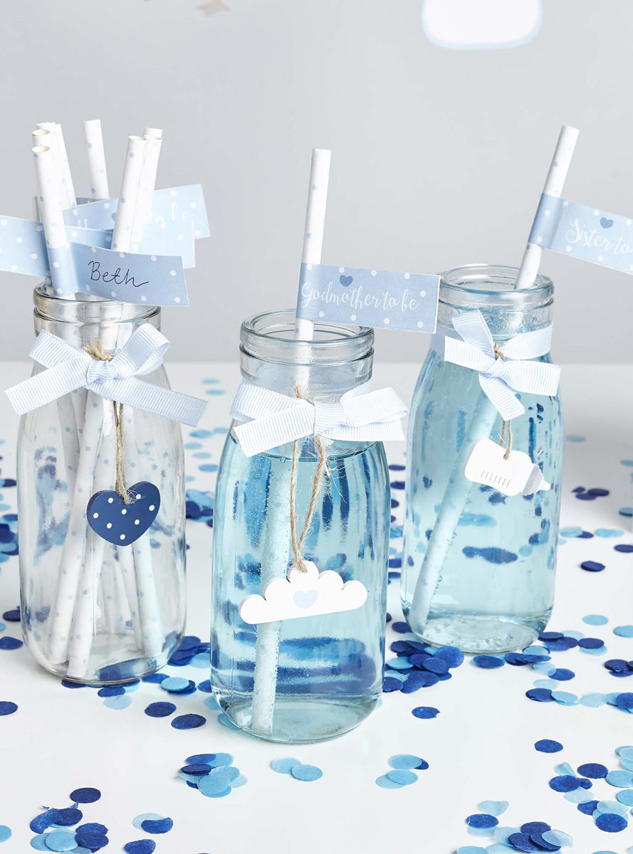Baby Shower 20 Pack Blue Paper Straws with Flags - Main Image