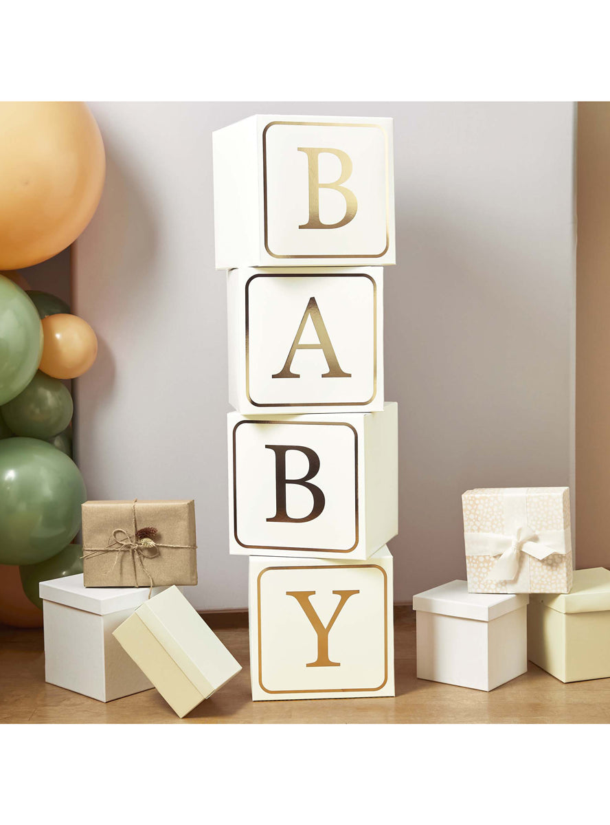 Baby Shower 4 Pack 23cm Gold Letter Blocks — Lifestyle Image
