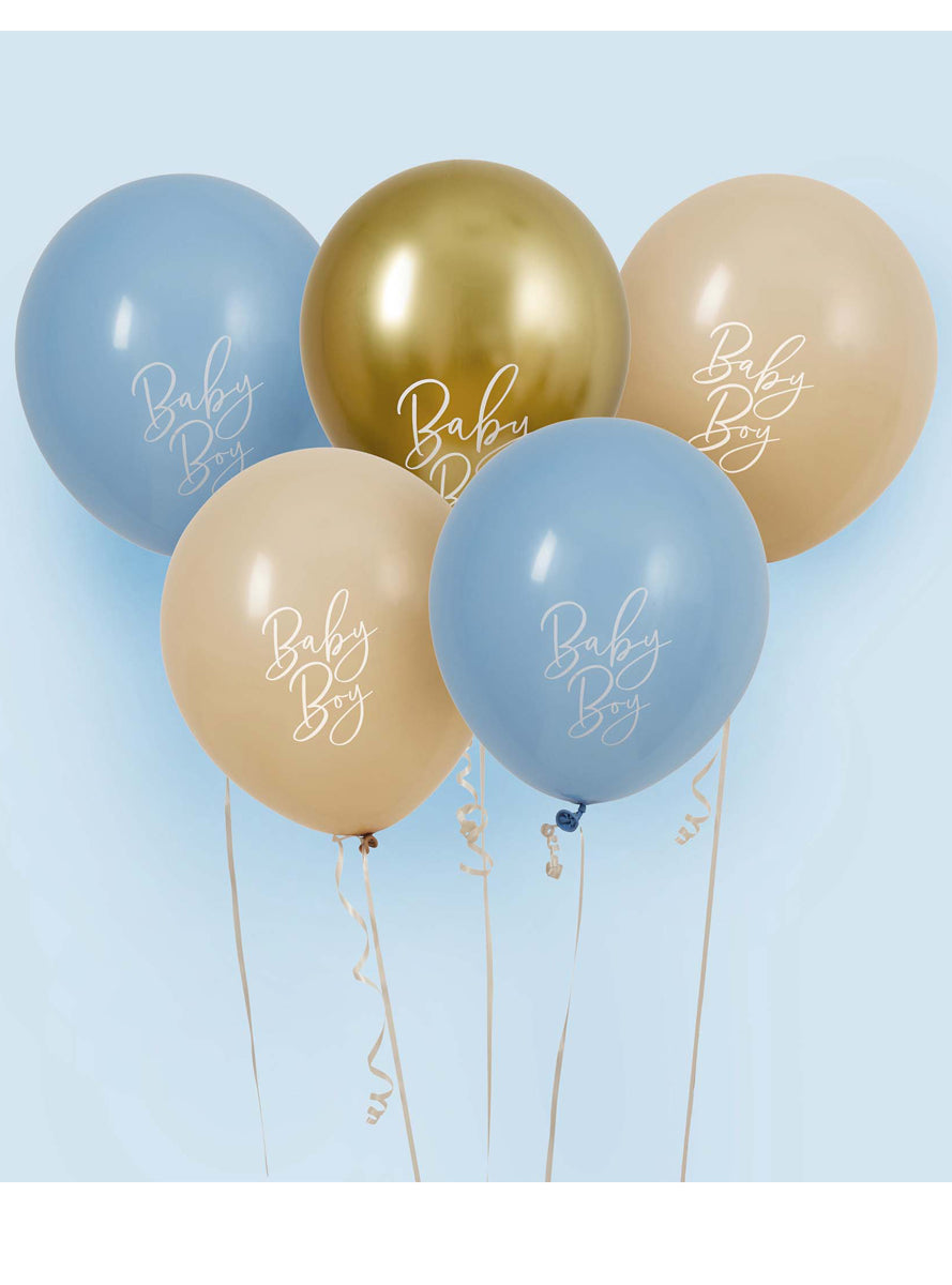Baby Shower 5 Pack Blue Nude And Gold Baby Boy 30cm Latex Balloons — Lifestyle Image