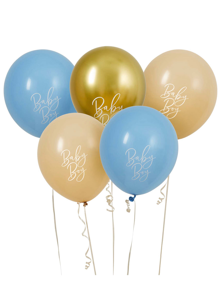 Baby Shower 5 Pack Blue Nude And Gold Baby Boy 30cm Latex Balloons — Main Image