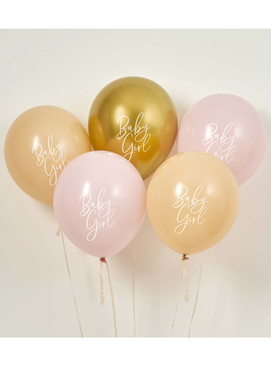 Baby Shower 5 Pack Pink Nude And Gold Baby Girl 30cm Latex Balloons — Lifestyle Image