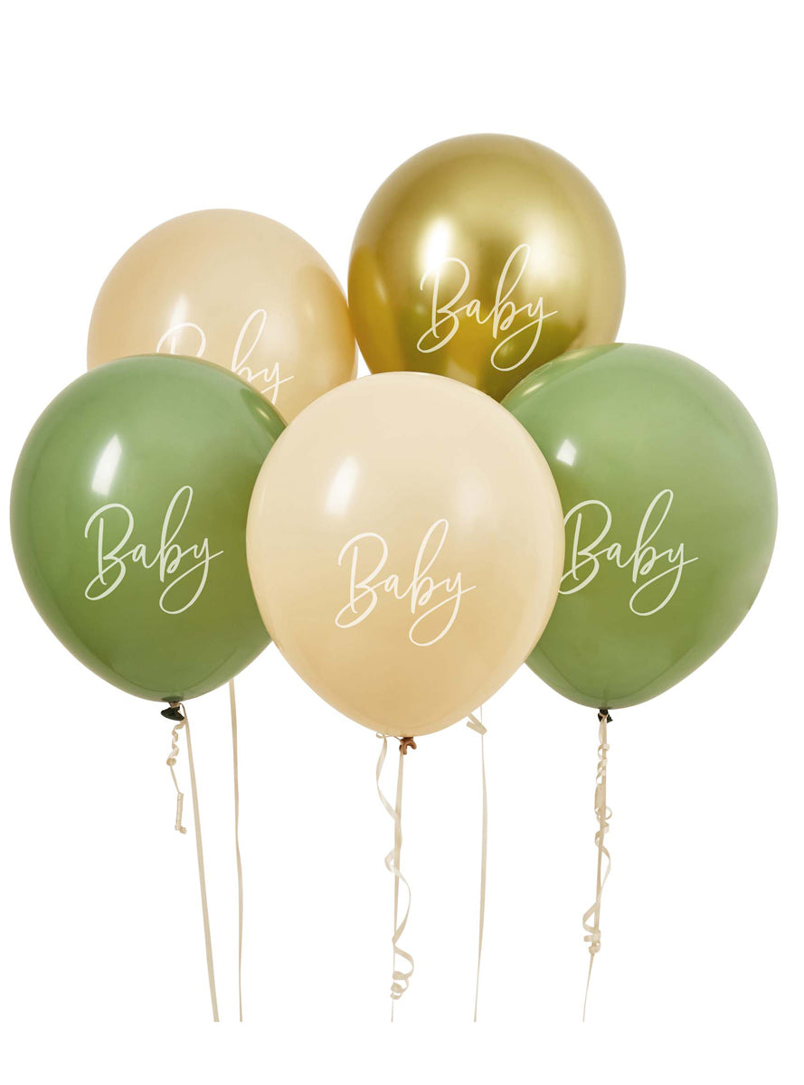 Baby Shower 5 Pack Sage Green Nude And Gold 30cm Latex Balloons — Main Image