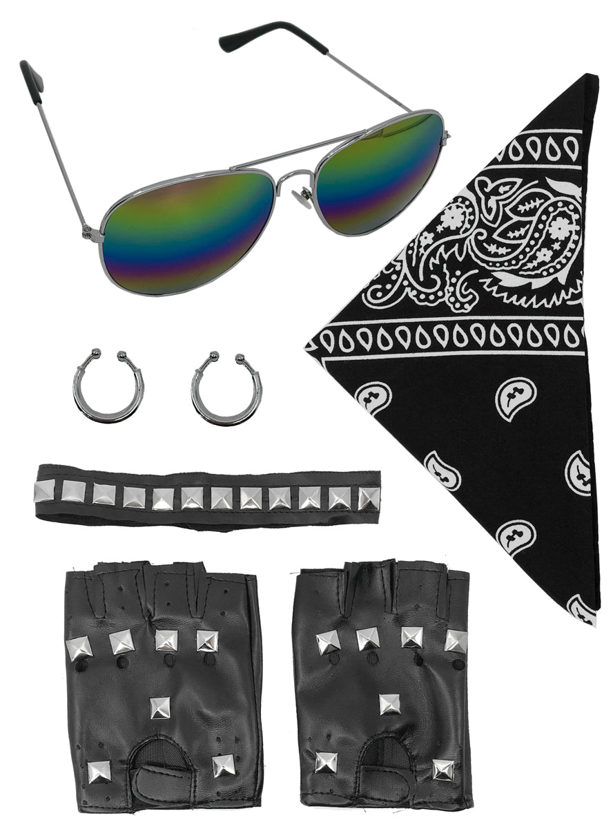 Bad Biker Mens Black Glasses, Gloves, Bandanna And Jewellery Costume Accessory Set - Main Image