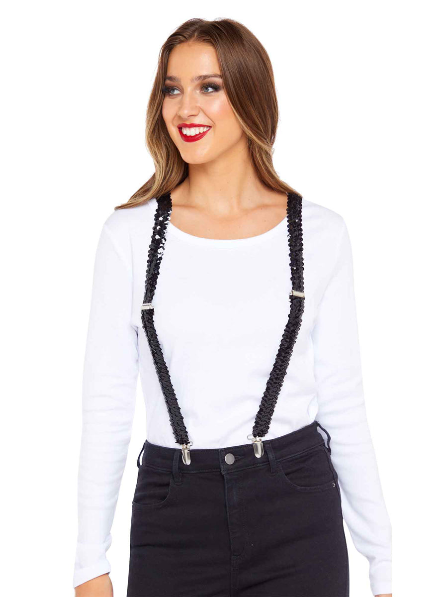 Sequinned Black Adults Suspenders - Main Image
