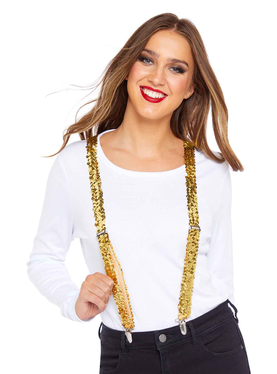 Sequinned Gold Adults Suspenders - Main Image