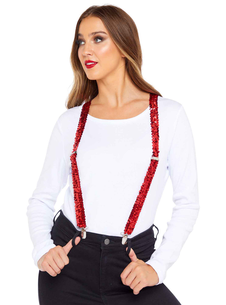 Sequinned Red Adults Suspenders - Main Image