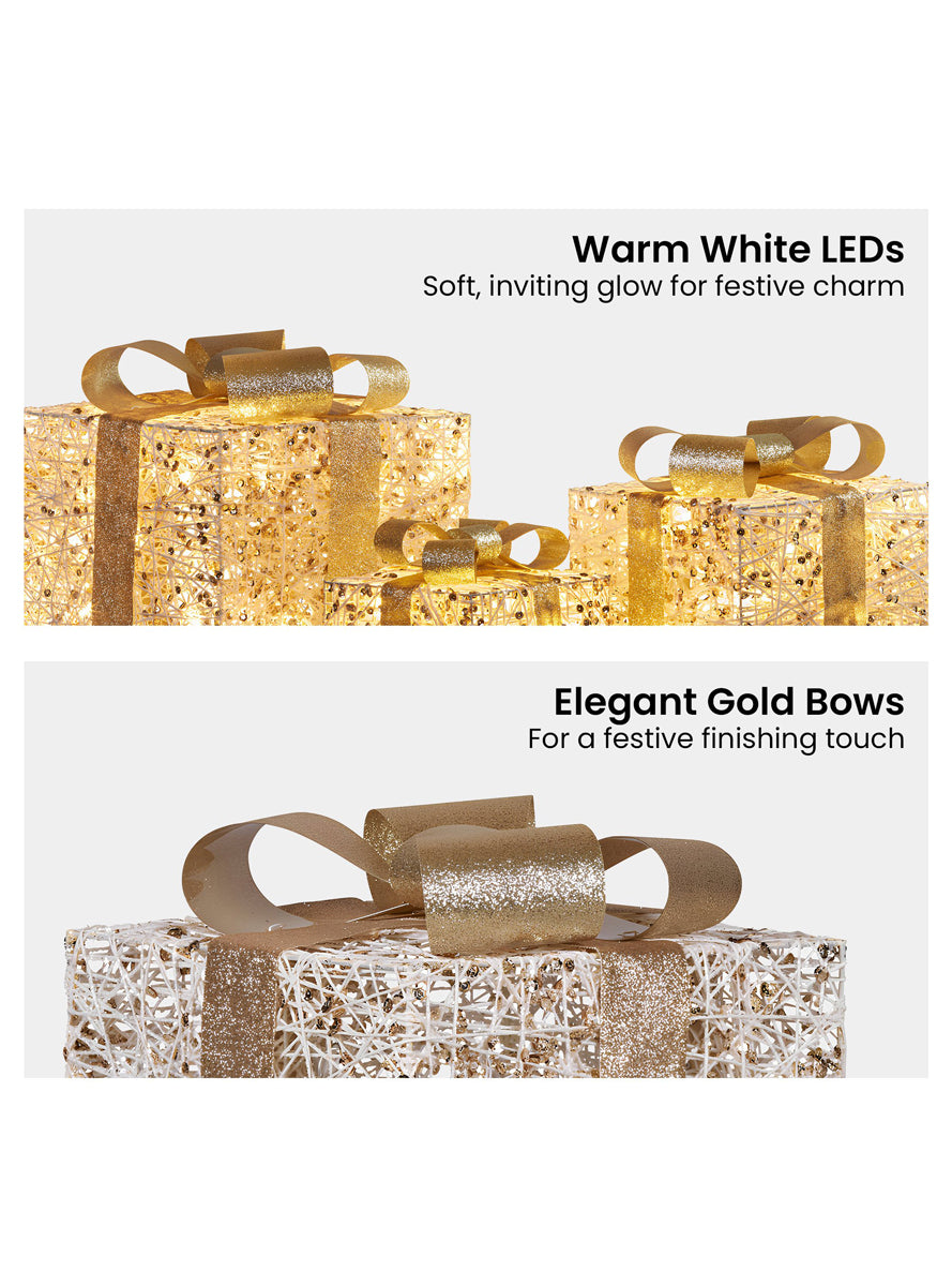 Battery Operated Christabelle Warm White 3 Piece Set Golden Christmas Gift Box Decorations - Details Image 2