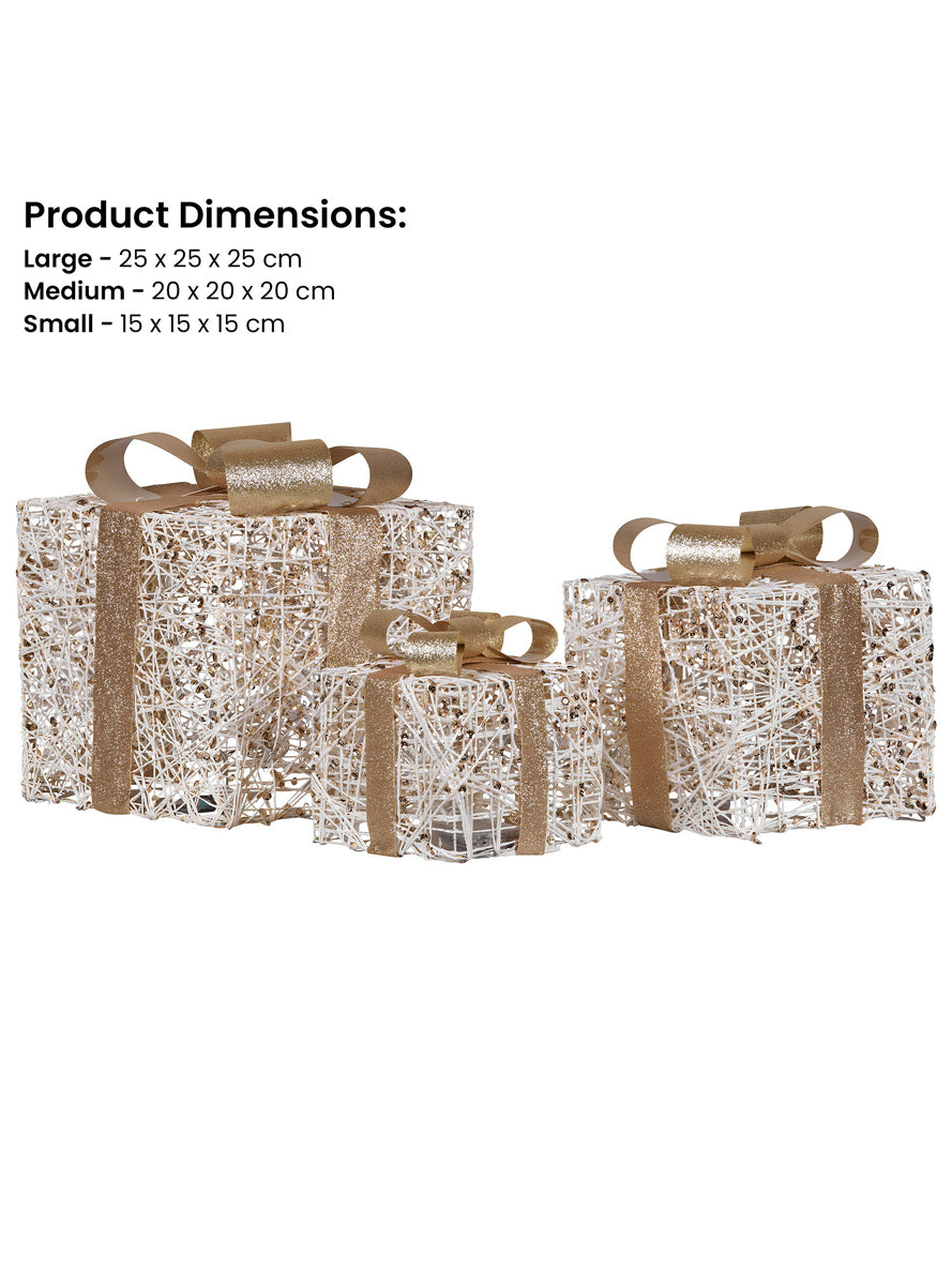 Battery Operated Christabelle Warm White 3 Piece Set Golden Christmas Gift Box Decorations - Measurements Image
