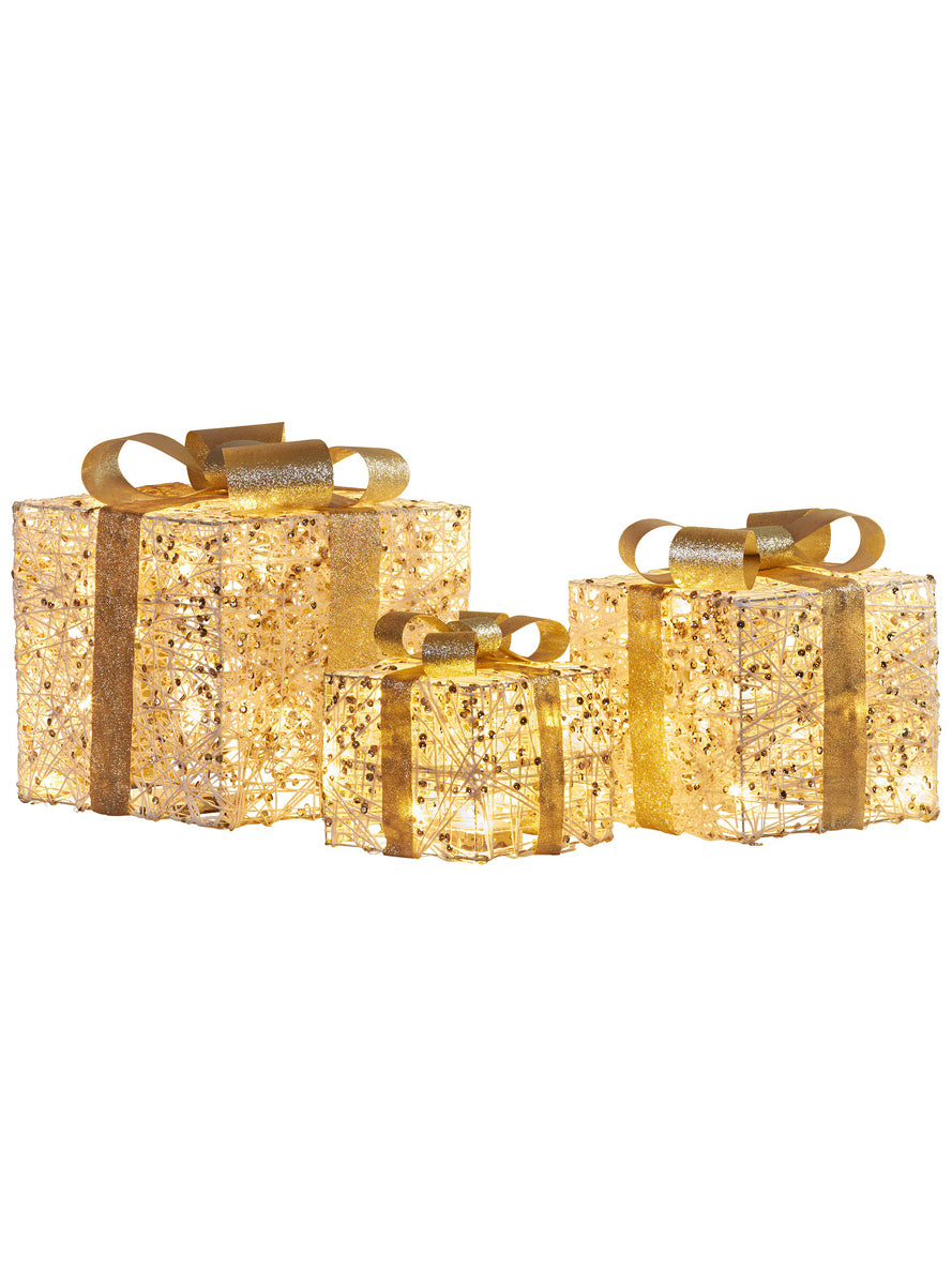 Battery Operated Christabelle Warm White 3 Piece Set Golden Christmas Gift Box Decorations - Main Image