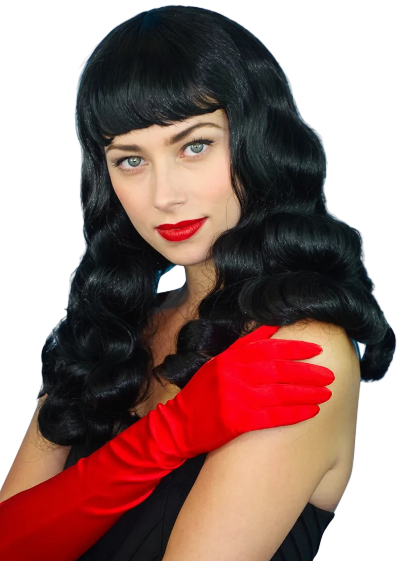 Womens Black Wavy Bettie Page Costume Wig With Fringe - Main Image