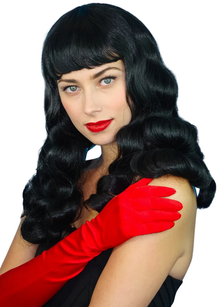 Womens Black Wavy Bettie Page Costume Wig With Fringe - Main Image