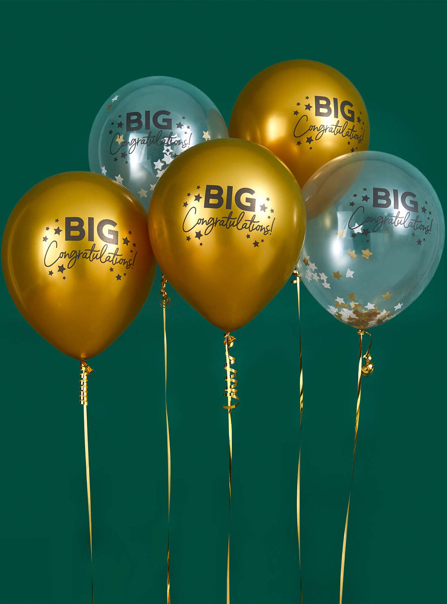 Big Congratulations 5 Pack Clear And Gold 30cm Latex Balloons — Lifestyle Image 1