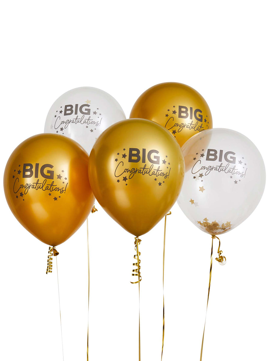 Big Congratulations 5 Pack Clear And Gold 30cm Latex Balloons — Main Image