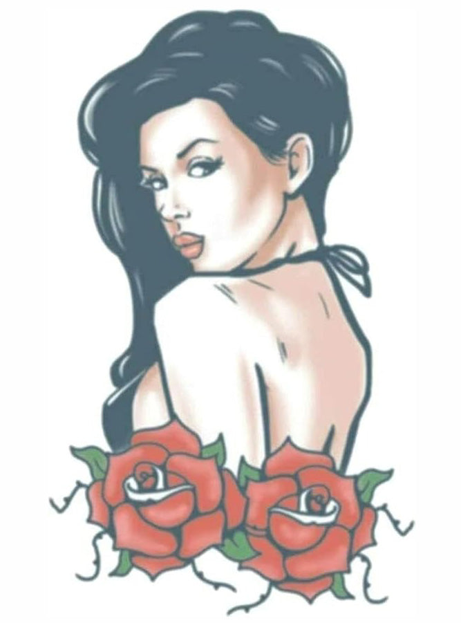 Biker Rose Pin Up Girl Temporary Tattoo - Main Image