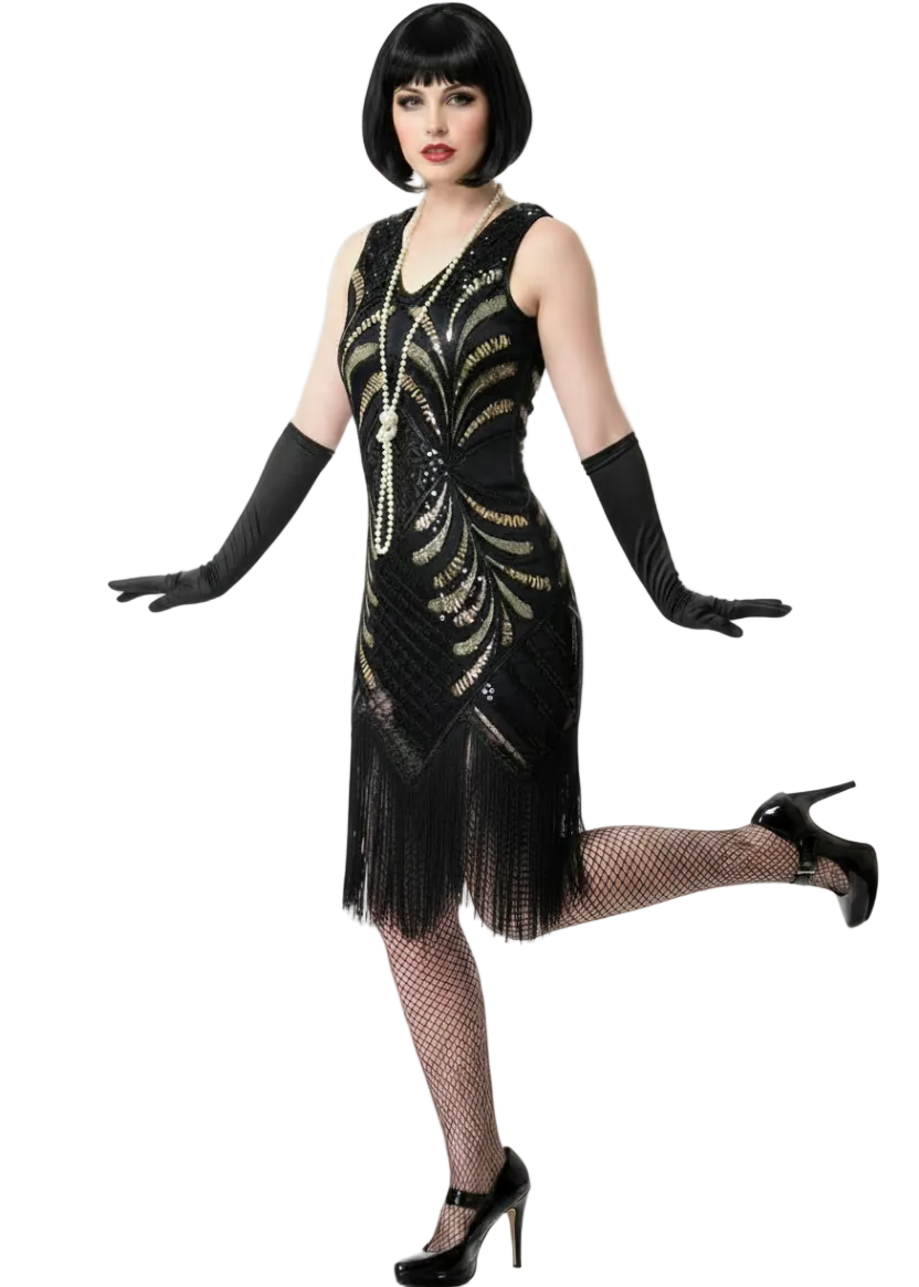Womens Black and Gold Gatsby Dress