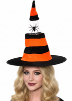 Neon Orange and Black Hanging Spider Velvet Halloween Witch Hat - Main Image