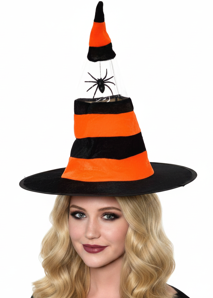 Neon Orange and Black Hanging Spider Velvet Halloween Witch Hat - Main Image